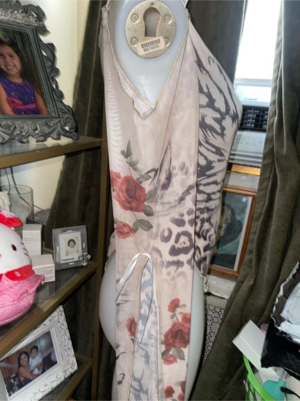 Y2K Floral Cheetah Print sheer Top Cold Shoulder Asymmetrical Lettuce Trim Shirt - Picture 6 of 7